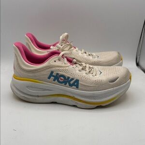Hoka Bondi 9 Women's 8.5B Cream and Pink Athletic Shoes No insoles S2